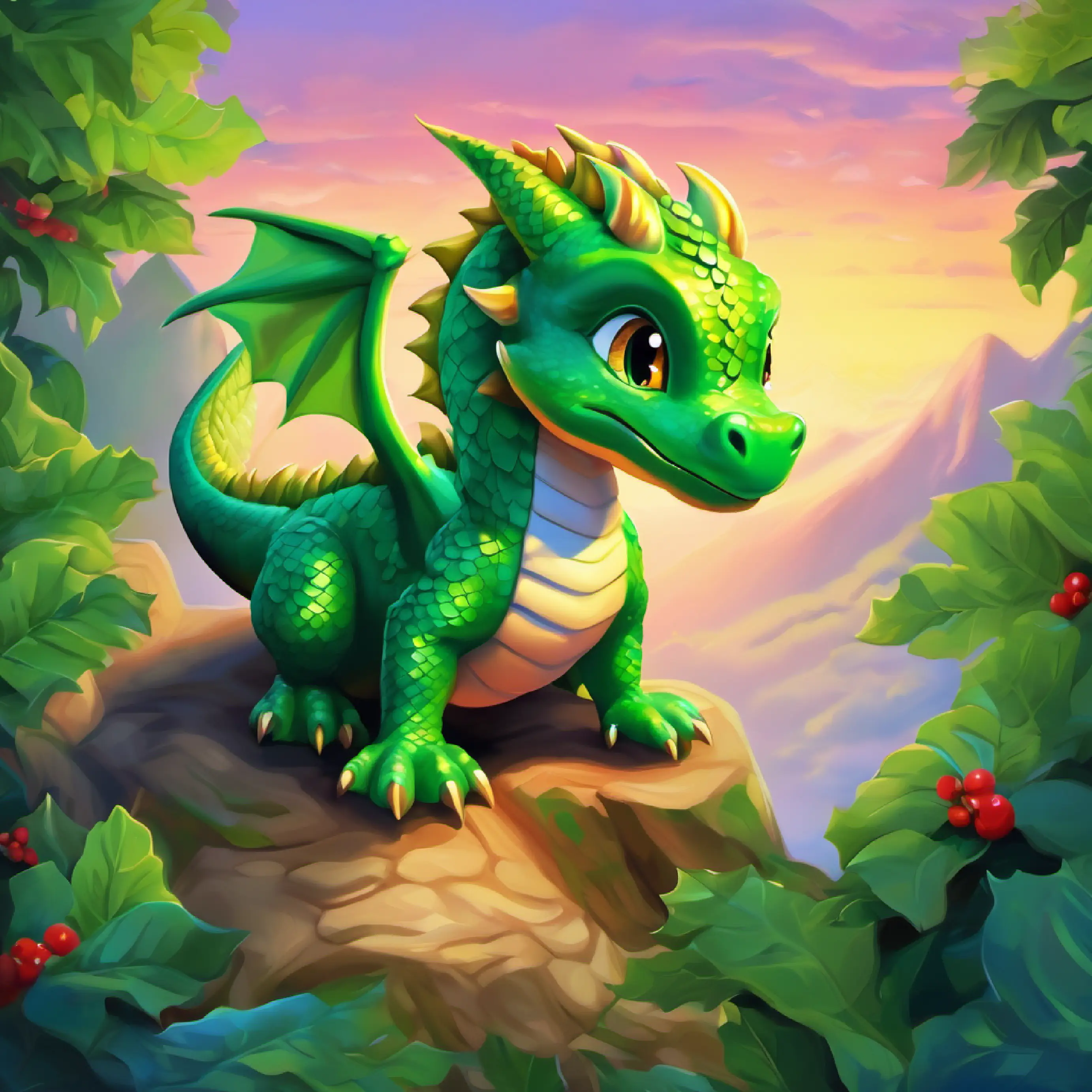 Beginning of the story within the story about Young dragon, small, with bright green scales, adventurous.