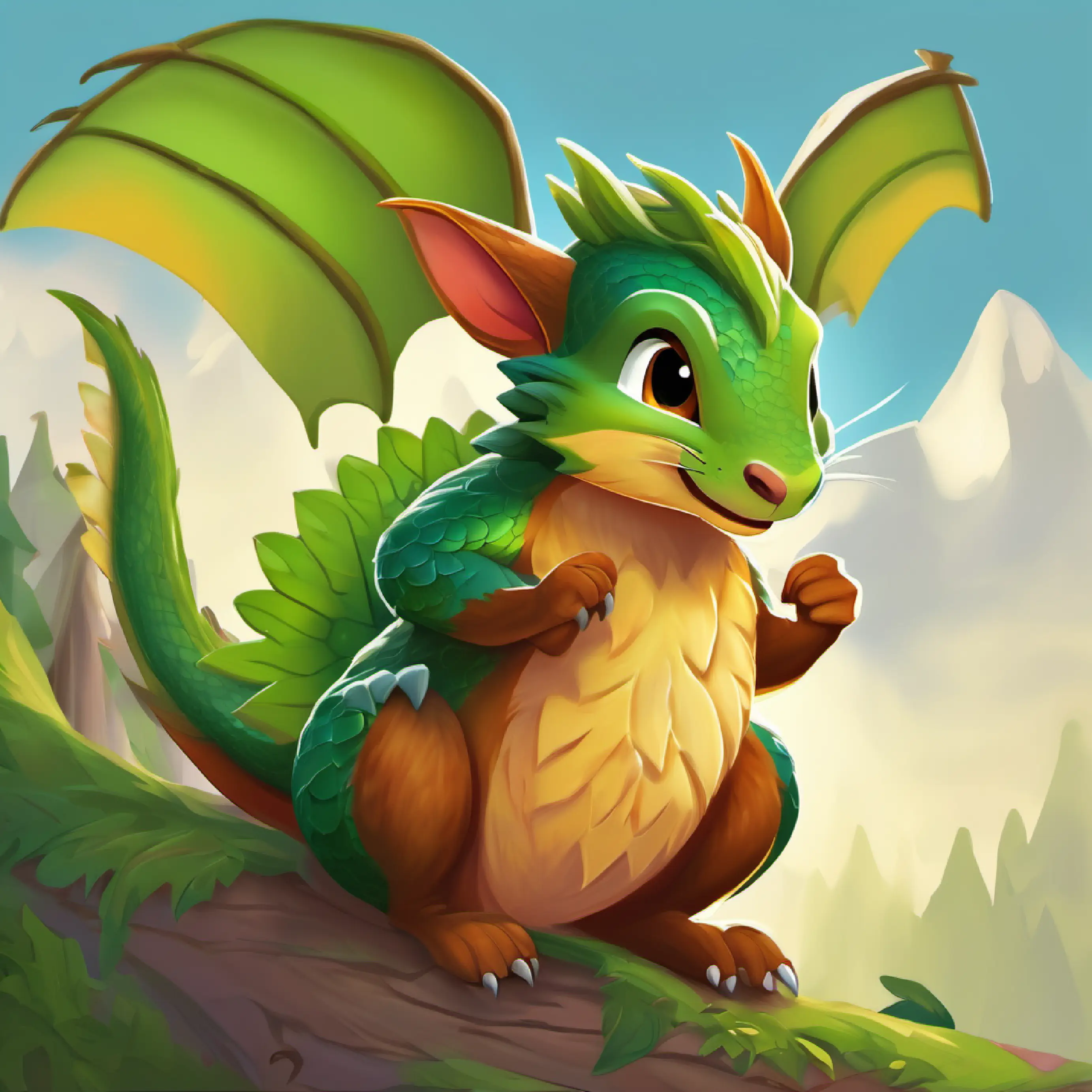 Young dragon, small, with bright green scales, adventurous the dragon meets Friendly squirrel, brown fur, bushy tail, very helpful the squirrel.
