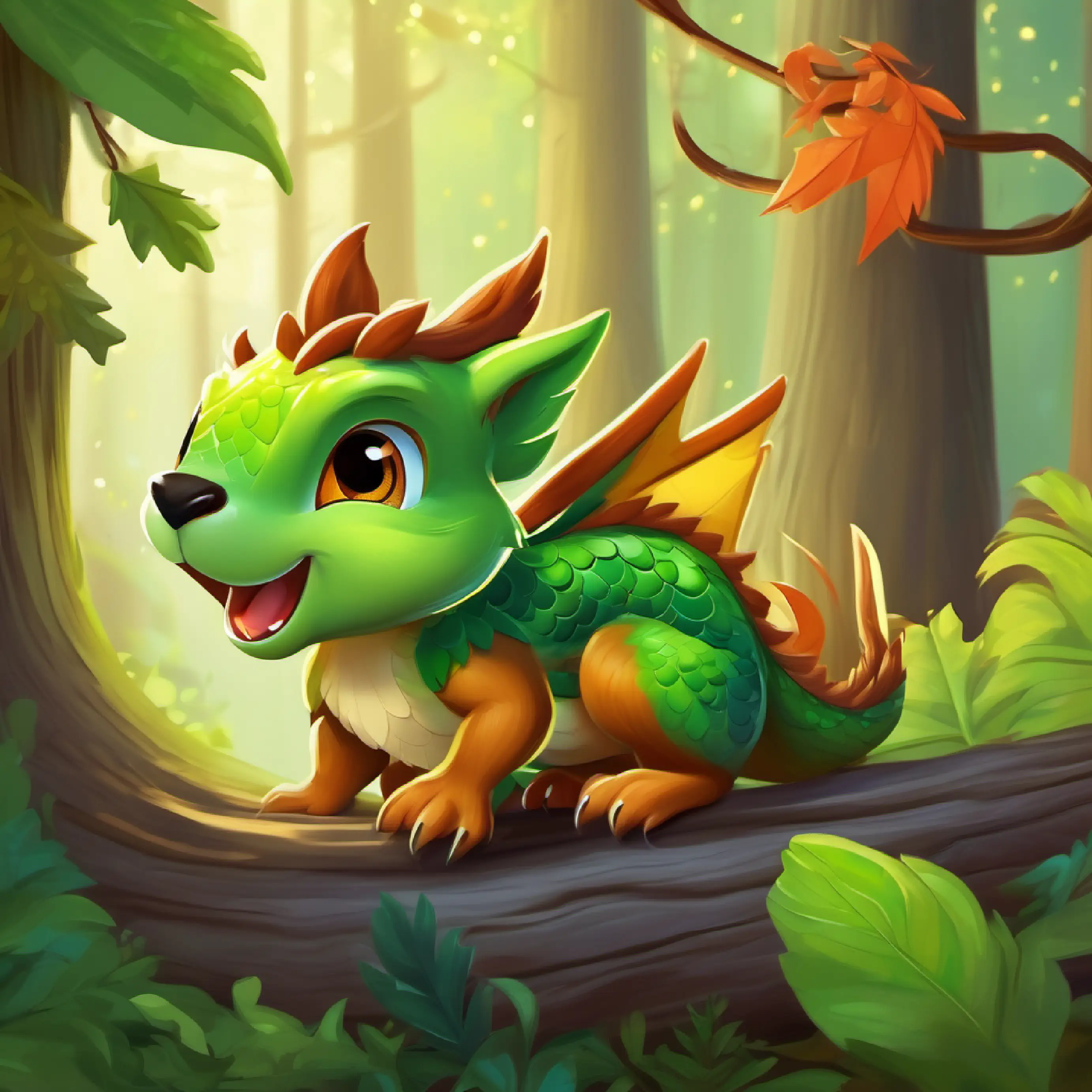 Young dragon, small, with bright green scales, adventurous and Friendly squirrel, brown fur, bushy tail, very helpful's adventure begins in the forest.