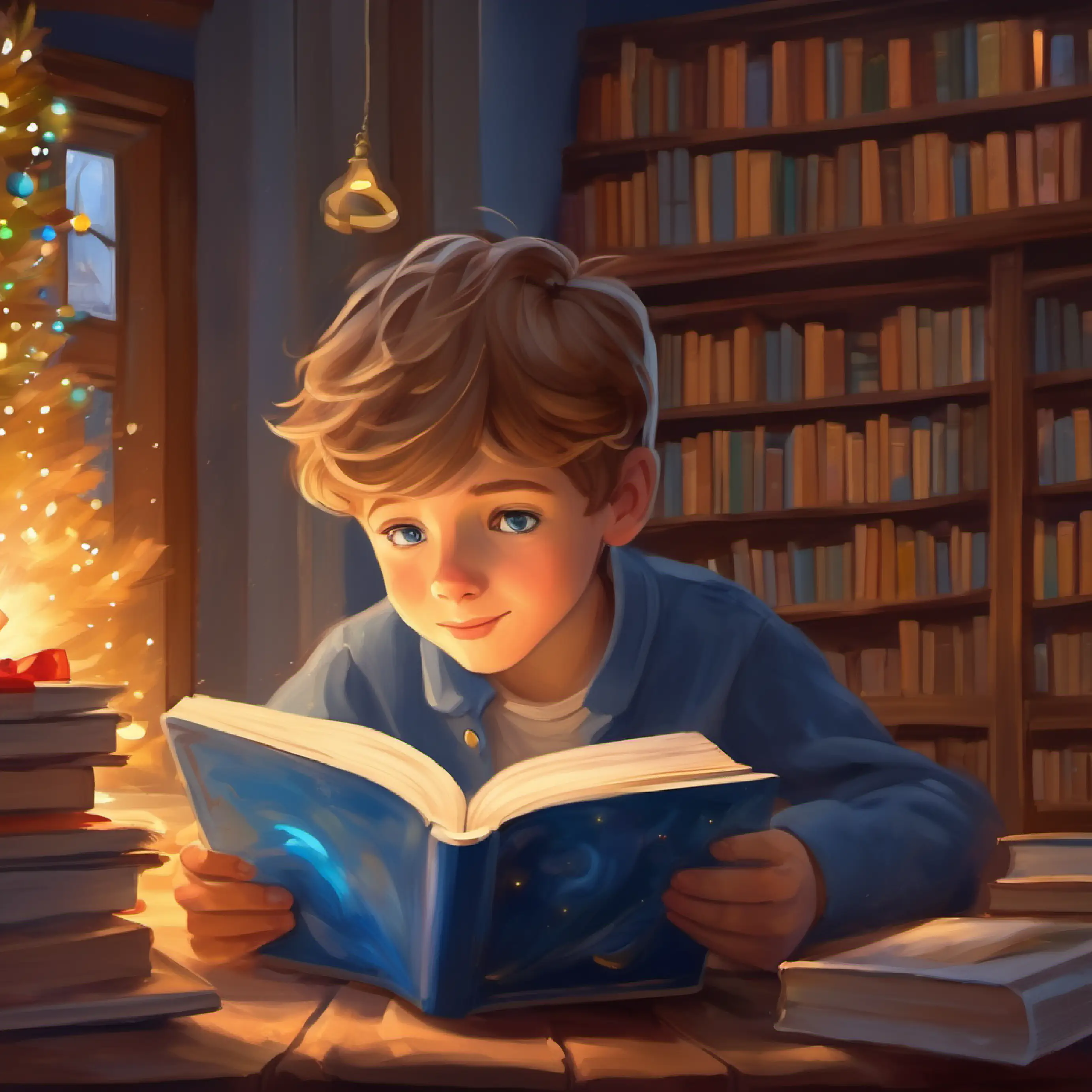 Boy with curious blue eyes and light brown hair, loves reading becoming sleepy but eager to continue the story.