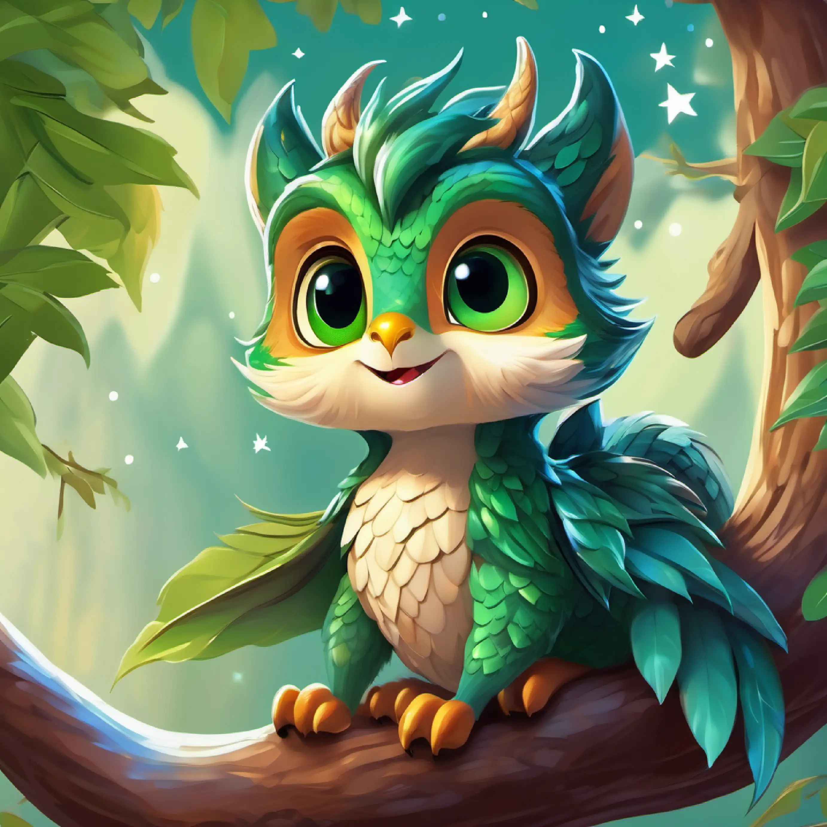 Young dragon, small, with bright green scales, adventurous and Friendly squirrel, brown fur, bushy tail, very helpful learn about the stars from an owl.