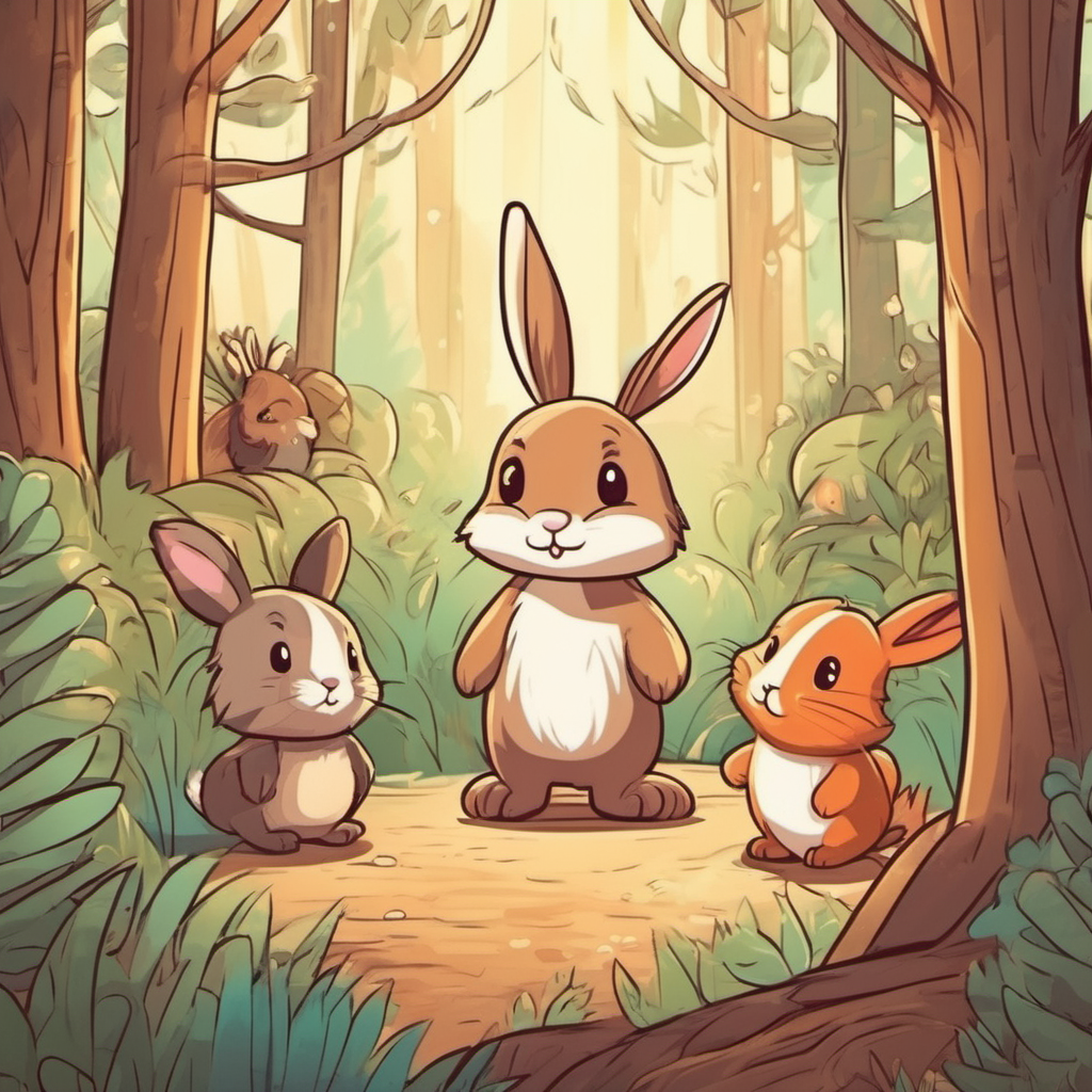 Small and timid bunny with soft brown fur. surrounded by friendly animals in a forest