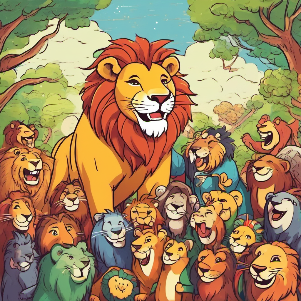 King lion with a big smile as his friends gather