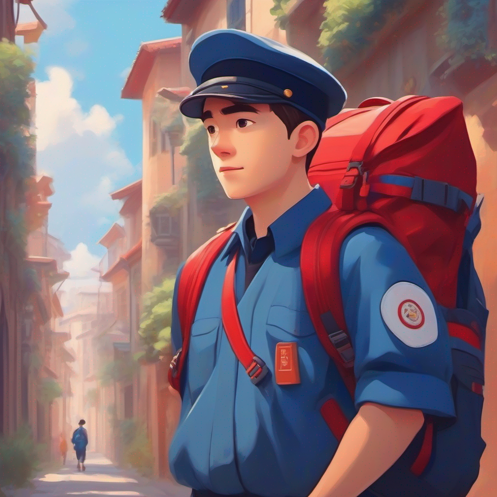 Tom wearing a blue uniform and carrying a red backpack. wearing a blue uniform and carrying a red backpack.