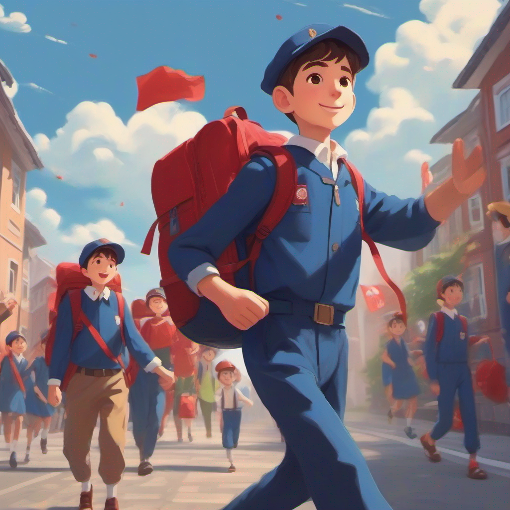 Tom wearing a blue uniform and carrying a red backpack.'s classmates waving hello.