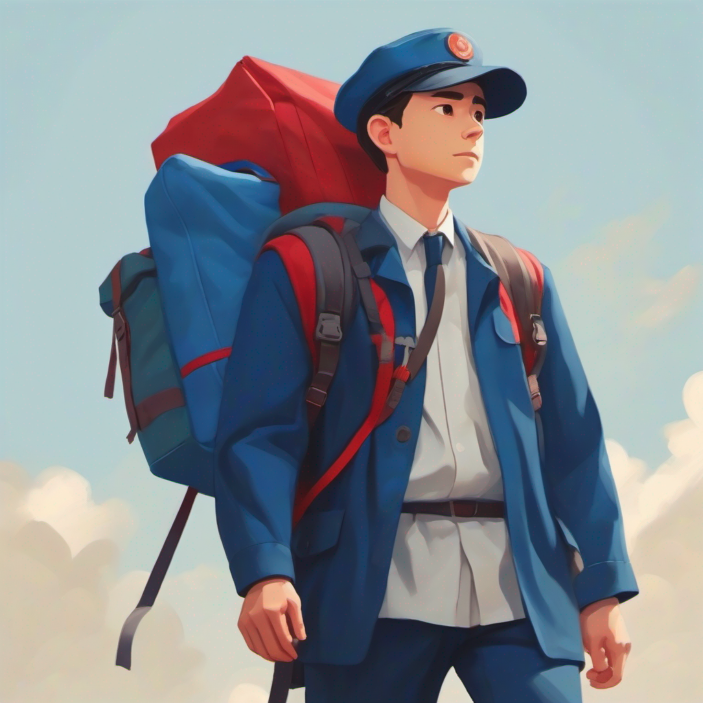 Tom wearing a blue uniform and carrying a red backpack. taking a deep breath and feeling confident.