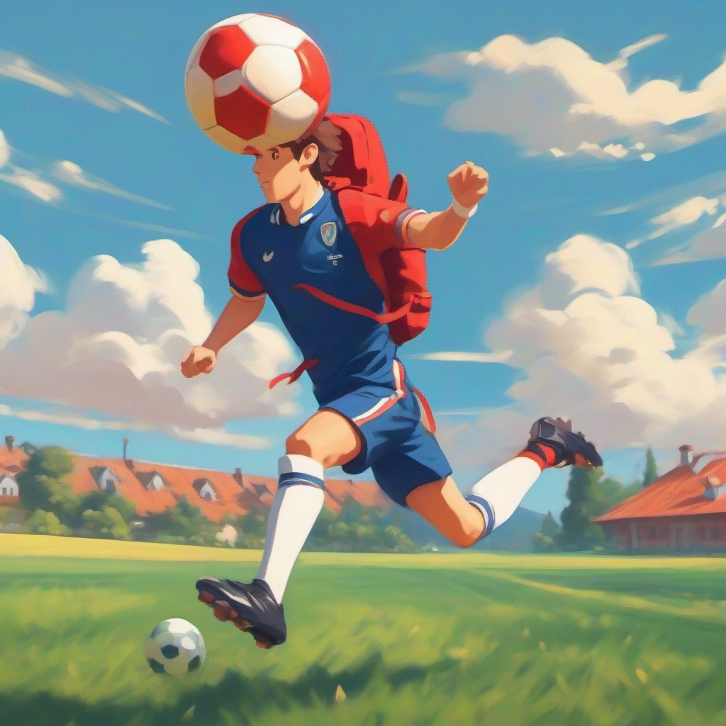 Tom wearing a blue uniform and carrying a red backpack. kicking the ball confidently and scoring a goal.