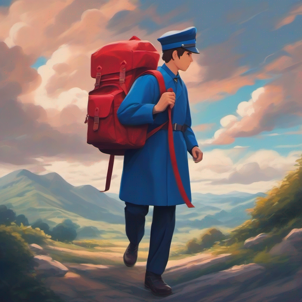 Tom wearing a blue uniform and carrying a red backpack. trying again and creating a beautiful masterpiece.