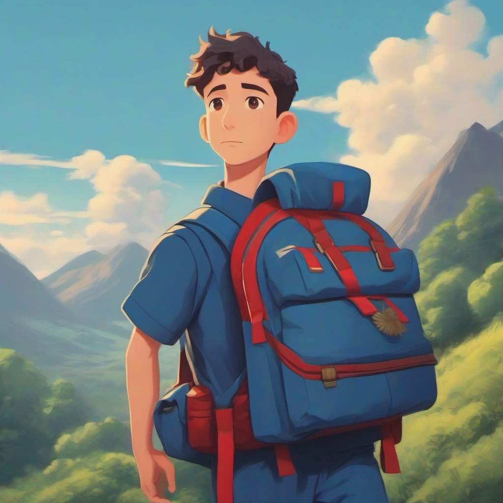 Tom wearing a blue uniform and carrying a red backpack. feeling proud and confident.