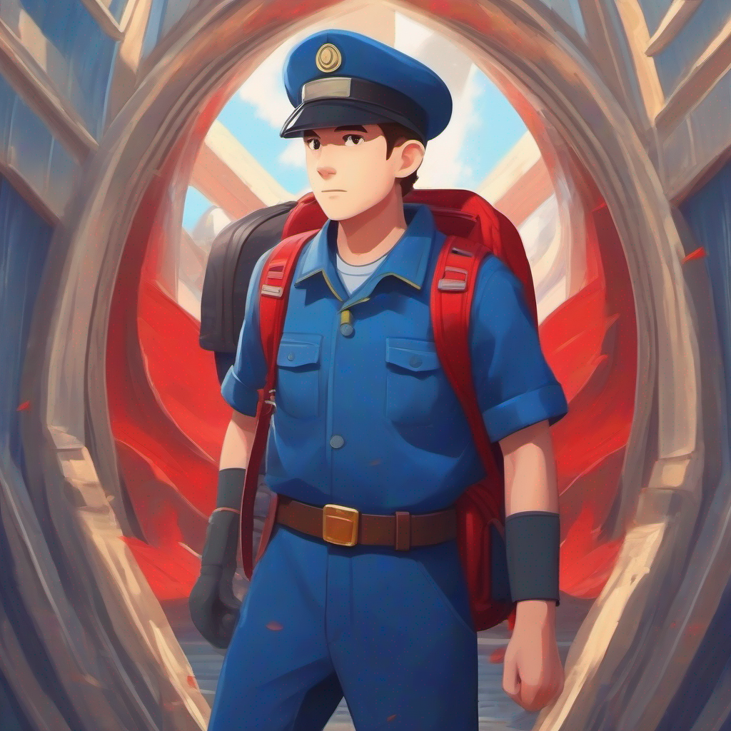 Tom wearing a blue uniform and carrying a red backpack. with confidence, ready to conquer anything.