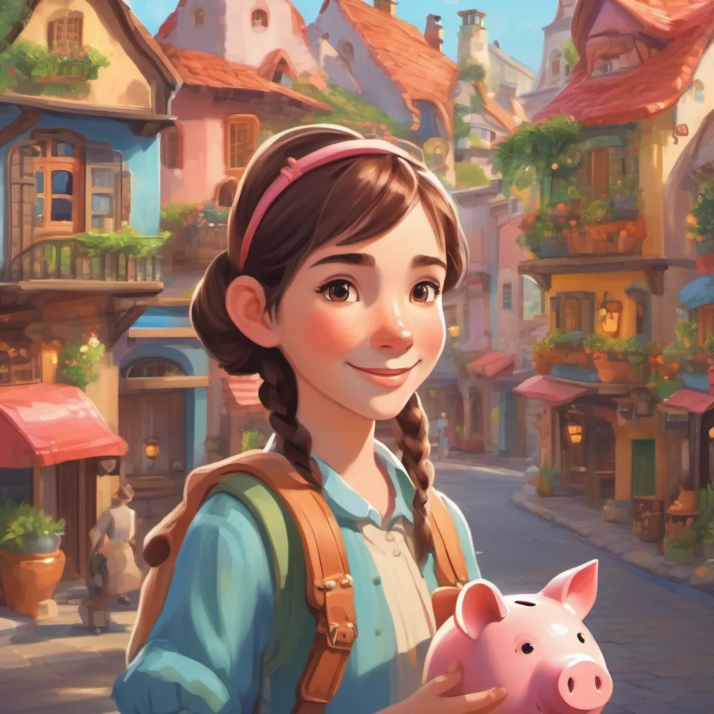 A quaint, colorful town with whimsical houses and a lively marketplace. A cheerful young girl with bright pigtails and freckles stands with a piggy bank in hand.