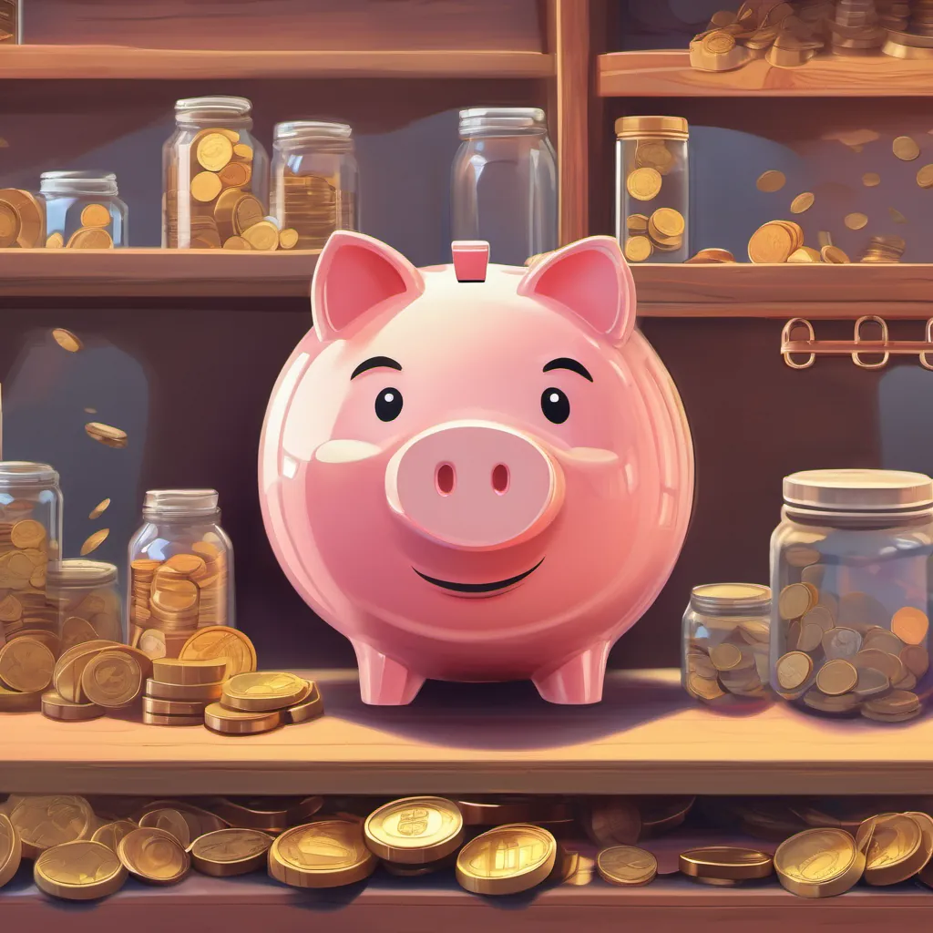 A charming, anthropomorphic piggy bank with expressive eyes and a friendly smile, sitting on a shelf next to a jar of shiny coins.