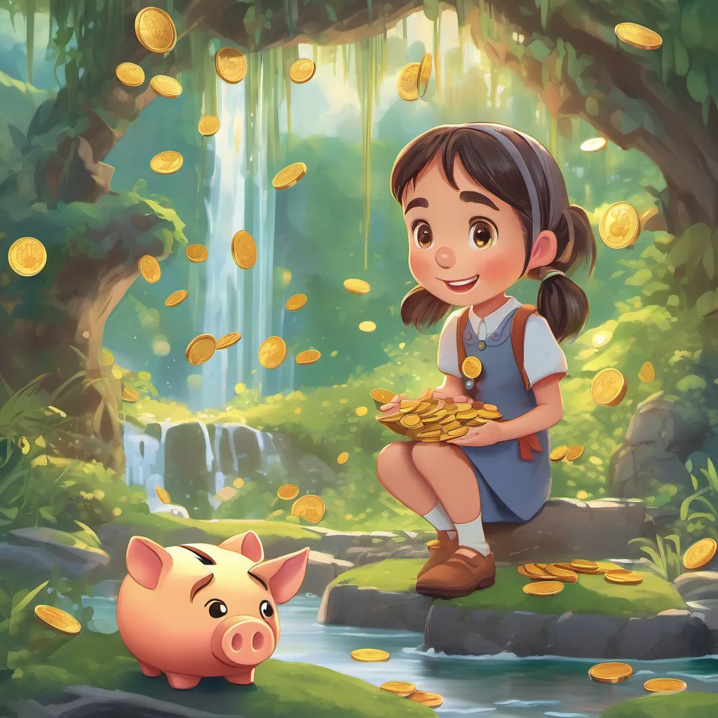 A magical waterfall made of sparkling coins. A curious young girl with bright pigtails, freckles, and an animated expression and An anthropomorphic piggy bank with expressive eyes and a friendly smile exchange a heartfelt look next to the flowing coins.
