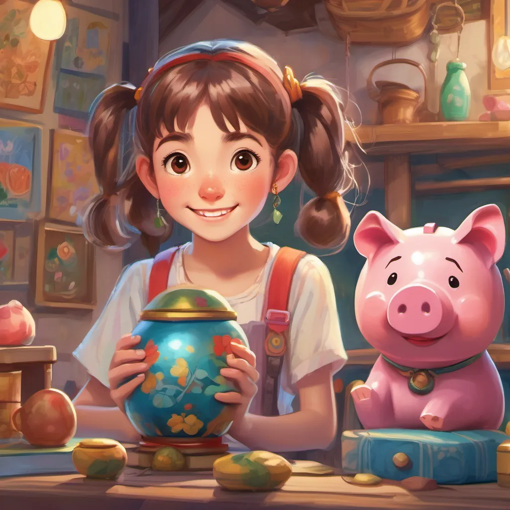 A curious young girl with bright pigtails, freckles, and an animated expression and An anthropomorphic piggy bank with expressive eyes and a friendly smile returning to their vibrant hometown, happily clutching their shared memories and new-found wisdom.