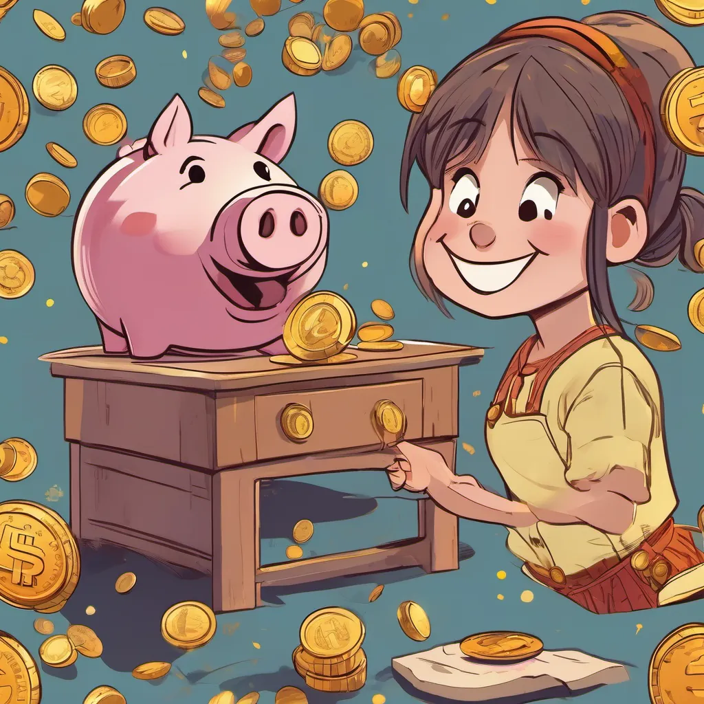 An anthropomorphic piggy bank with expressive eyes and a friendly smile the piggy bank wiggling and making joyful sounds as a coin is dropped inside. A curious young girl with bright pigtails, freckles, and an animated expression is laughing and adding more coins.