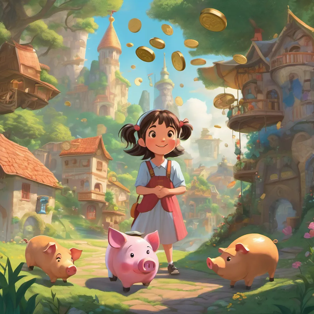 A fantastical land where coins have faces and are dancing joyfully. A curious young girl with bright pigtails, freckles, and an animated expression and An anthropomorphic piggy bank with expressive eyes and a friendly smile look amazed at their surroundings.