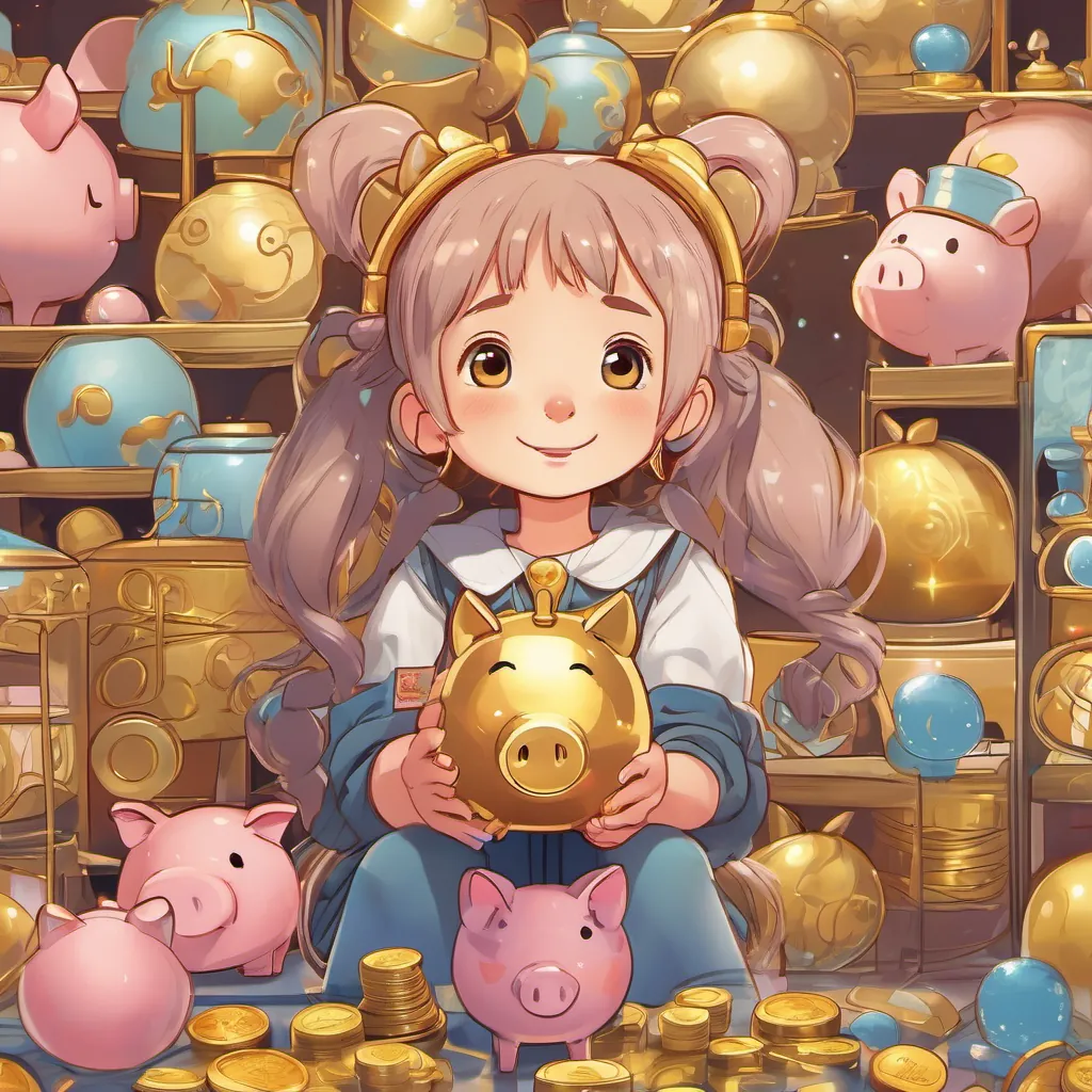 A sparkling gold coin with a kind face and shimmering glow. A curious young girl with bright pigtails, freckles, and an animated expression is listening intently while An anthropomorphic piggy bank with expressive eyes and a friendly smile stands by her side.