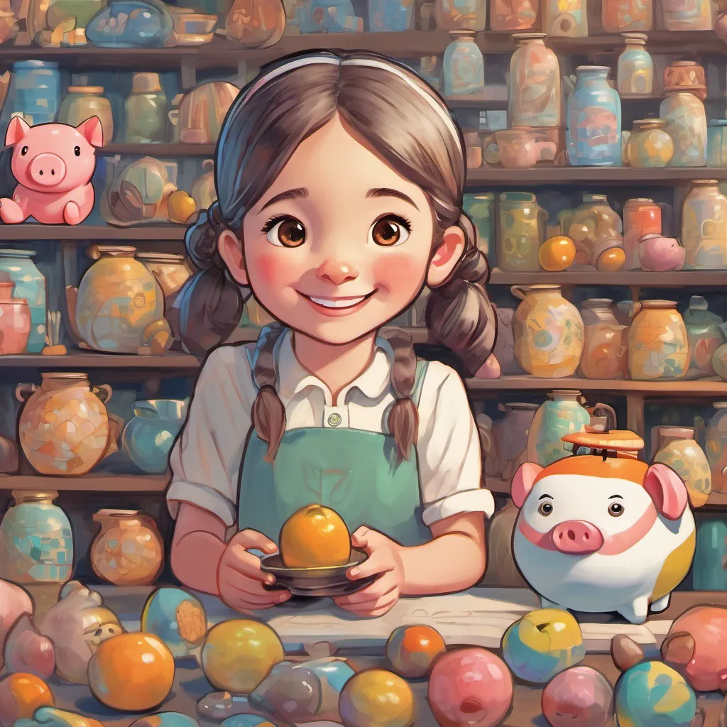 A radiant silver coin with bright eyes and a knowing smile, sharing wisdom with an attentive A curious young girl with bright pigtails, freckles, and an animated expression and An anthropomorphic piggy bank with expressive eyes and a friendly smile.