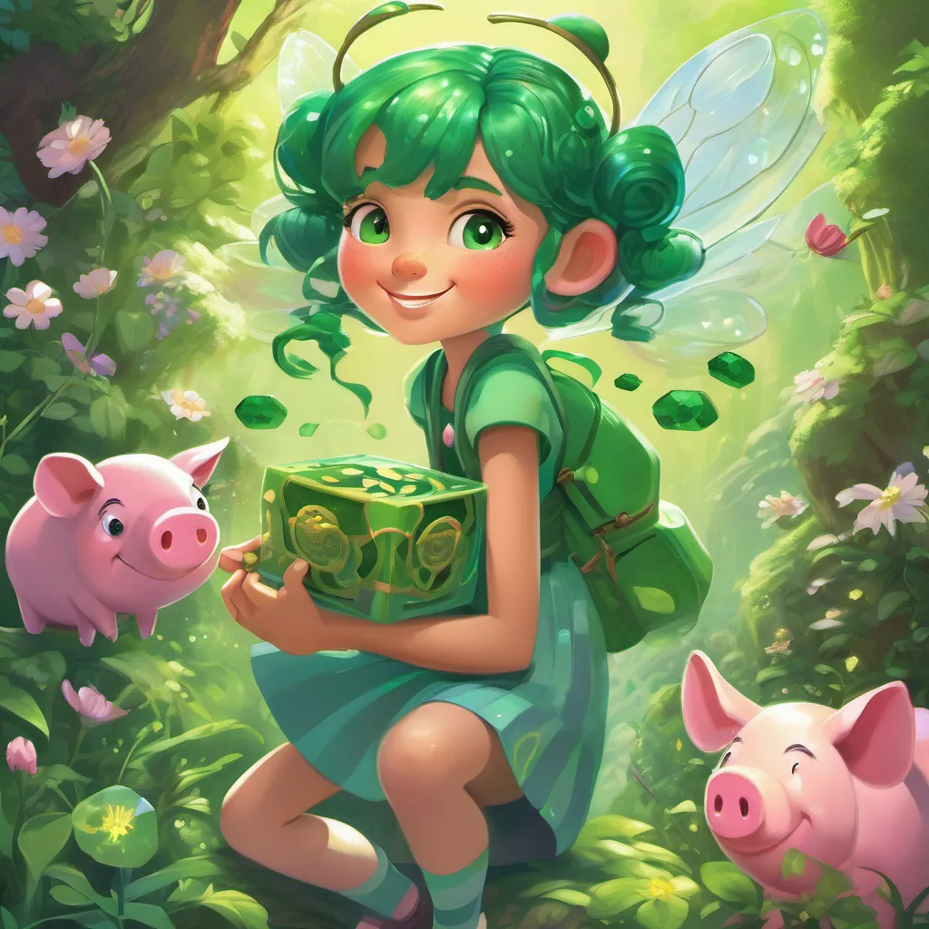 A vibrant green bee with wings made of emeralds buzzing around. A curious young girl with bright pigtails, freckles, and an animated expression smiles while An anthropomorphic piggy bank with expressive eyes and a friendly smile looks inspired.