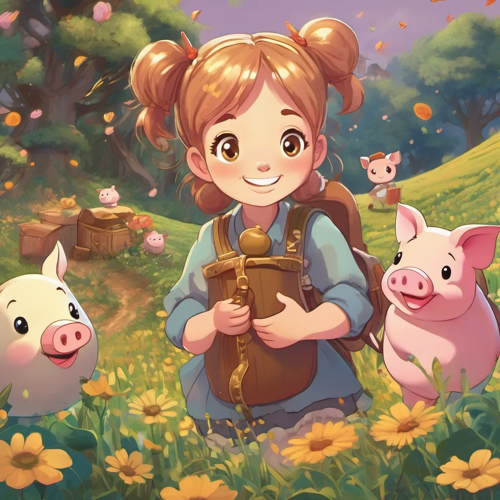 A curious young girl with bright pigtails, freckles, and an animated expression, An anthropomorphic piggy bank with expressive eyes and a friendly smile, and their new friends adventuring through treasure-filled fields, laughing and sharing stories.