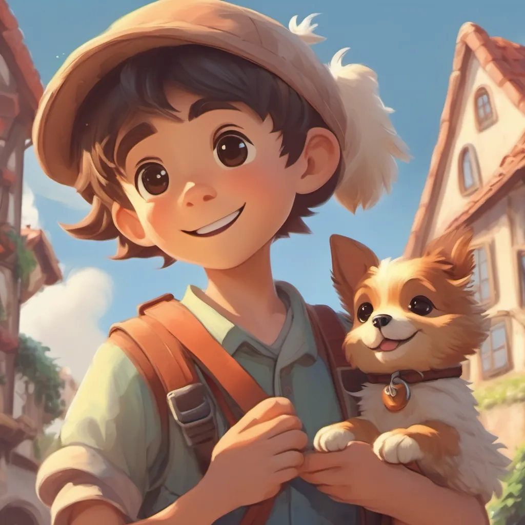 A cheerful boy holding a tiny fluffy puppy with a wagging tail under a sunny sky.