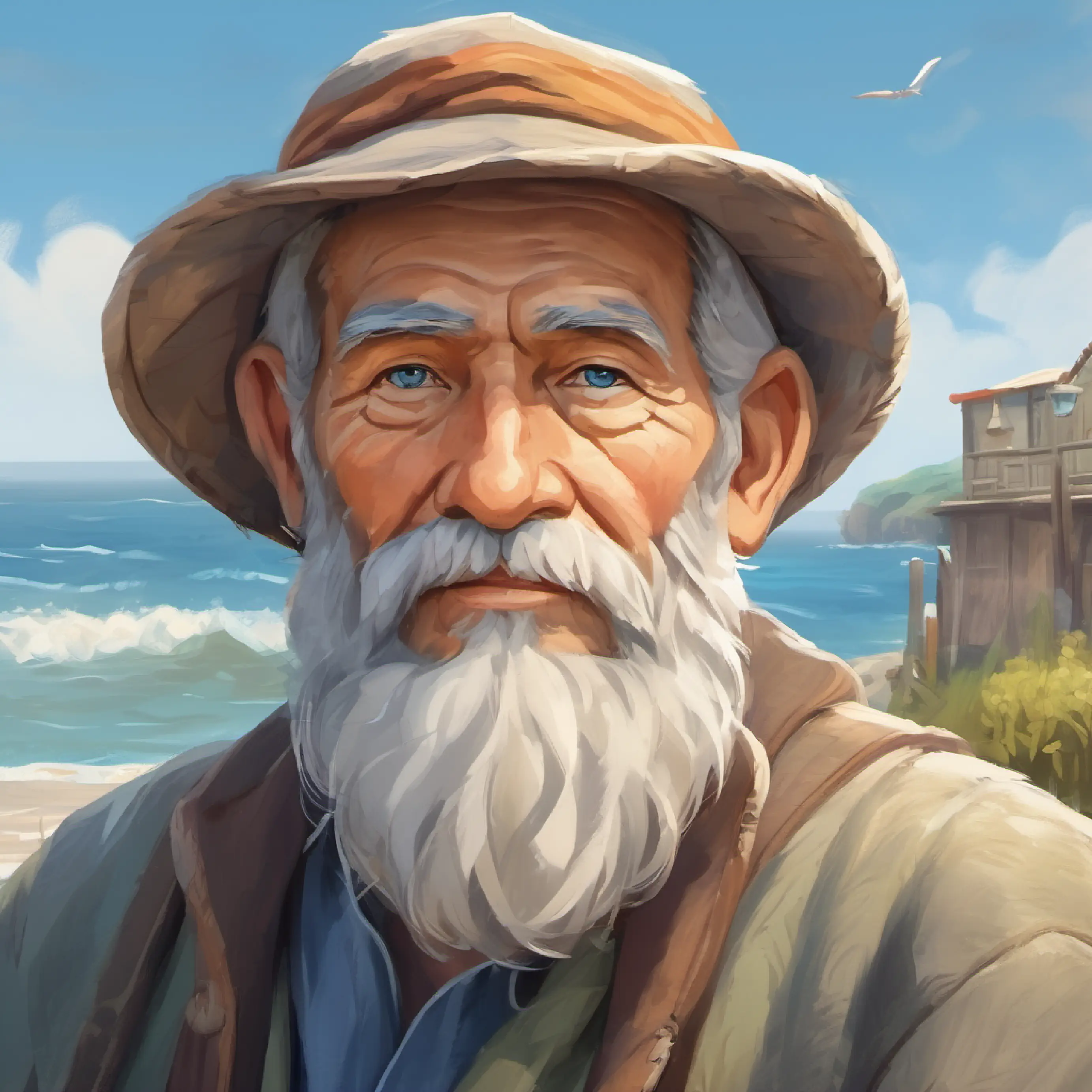Introduction of Old fisherman with grey beard, weathered skin, kind blue eyes in a seaside village.