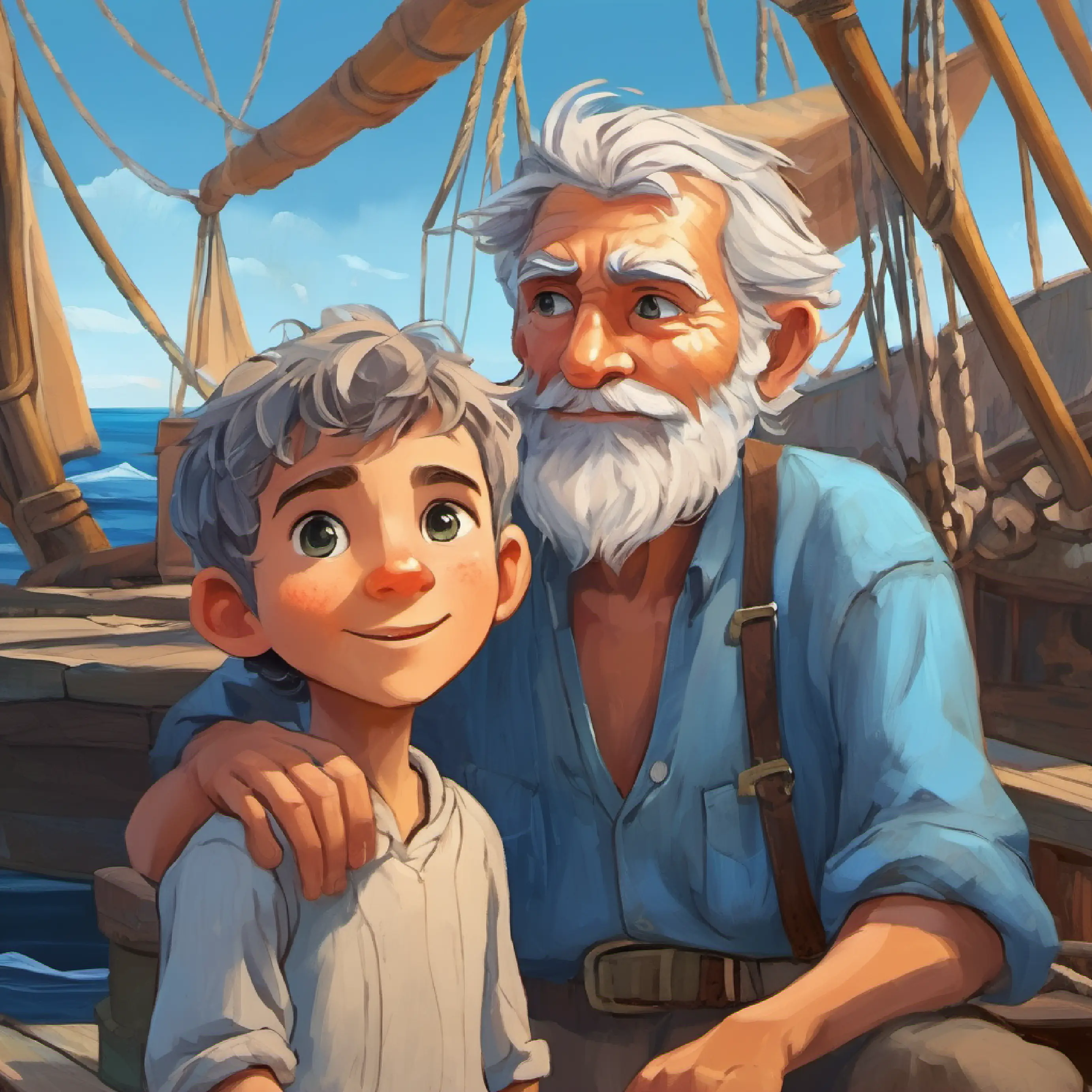 Young boy, eager, with bright eyes and a sea-loving heart is introduced and meets Old fisherman with grey beard, weathered skin, kind blue eyes.