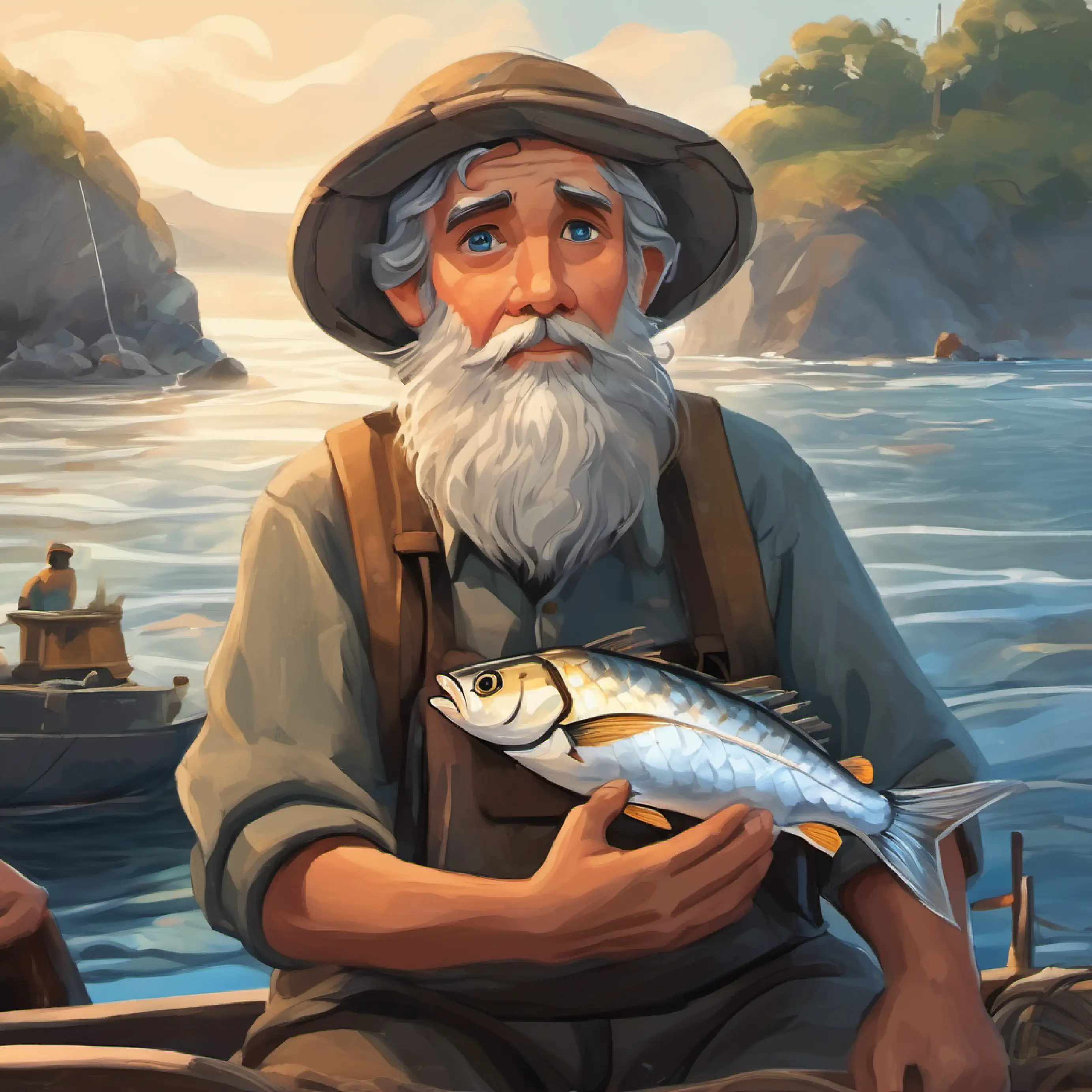Young boy, eager, with bright eyes and a sea-loving heart catches a lot of fish, making Old fisherman with grey beard, weathered skin, kind blue eyes proud.