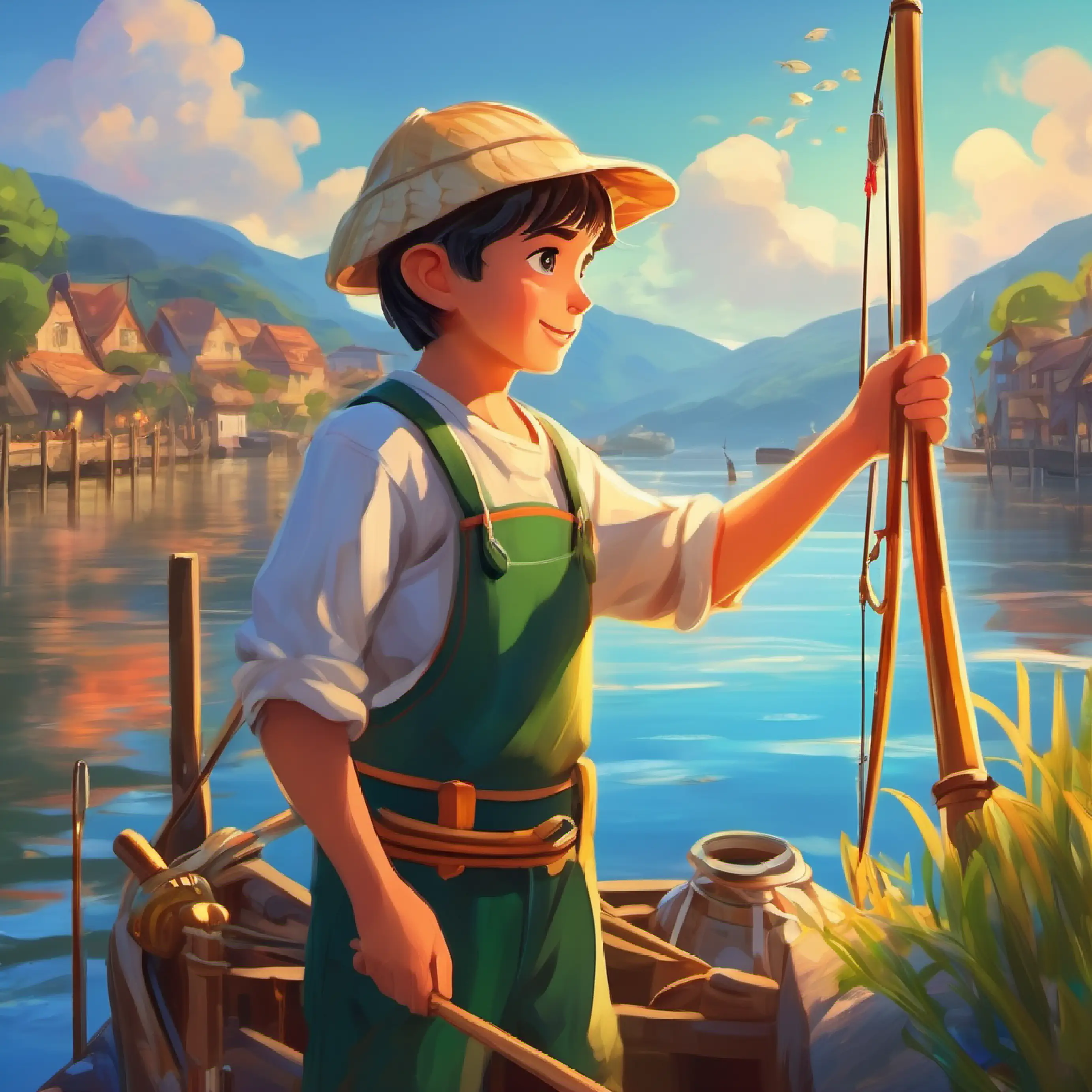 Young boy, eager, with bright eyes and a sea-loving heart becomes a skilled fisherman, teaches the village.