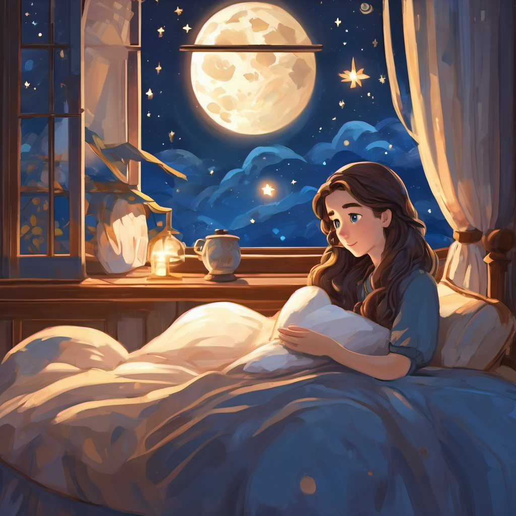 Luna has brown hair and blue eyes lying in her bed, looking out the window at the stars