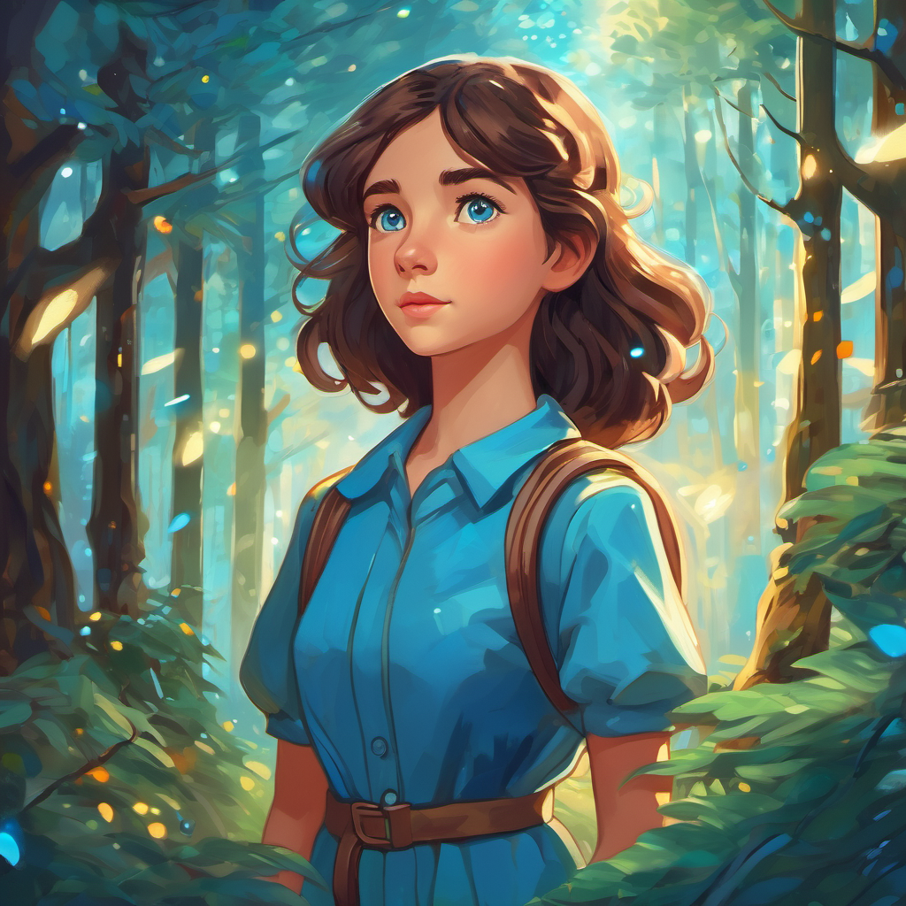 Luna has brown hair and blue eyes standing in a sparkling forest on a different planet