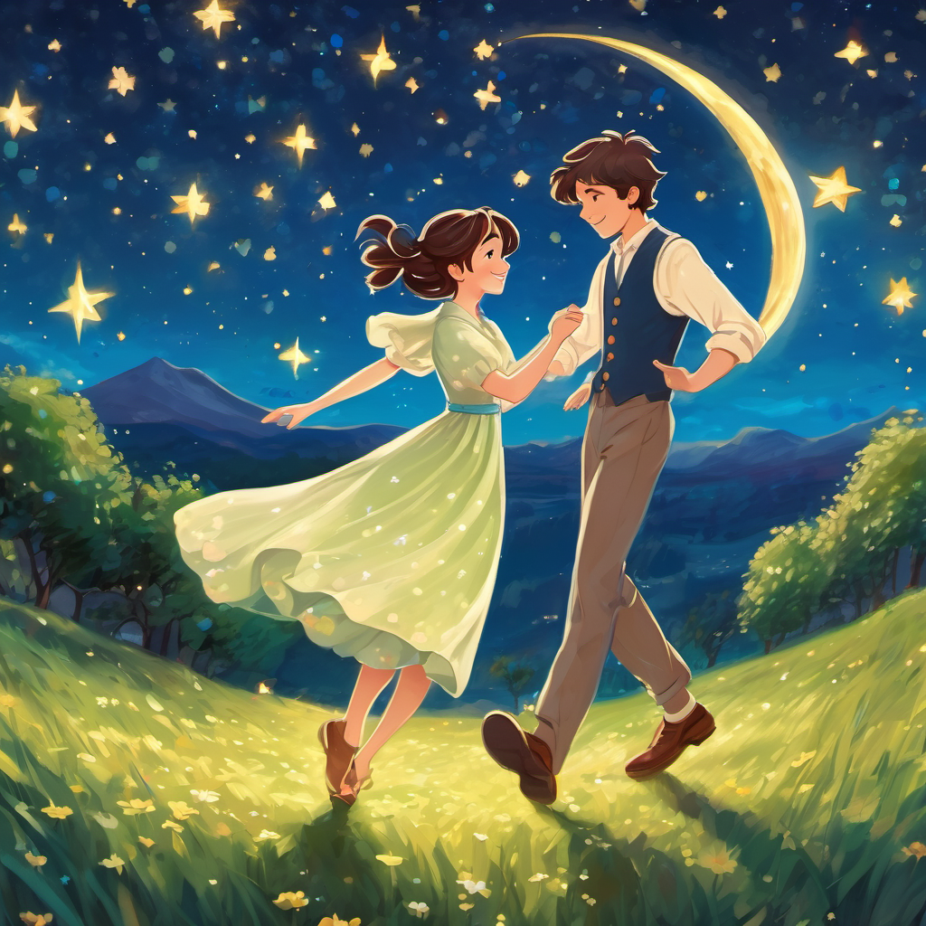 Luna has brown hair and blue eyes and Sparky has blue skin and sparkling green eyes dancing and picnicking under a sky full of stars