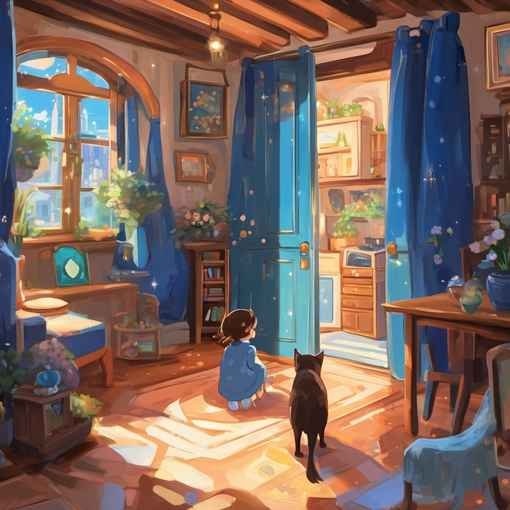 Luna has brown hair and blue eyes exploring the Sparkles' twinkling homes