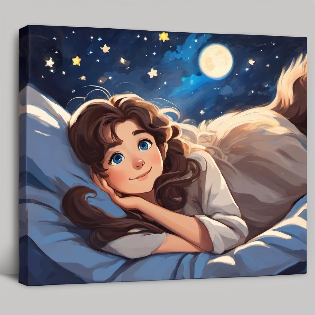 Luna has brown hair and blue eyes lying in her bed, looking up at the stars with a smile on her face