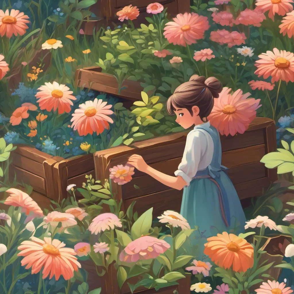 A curious girl discovering a wooden box hidden among flowers