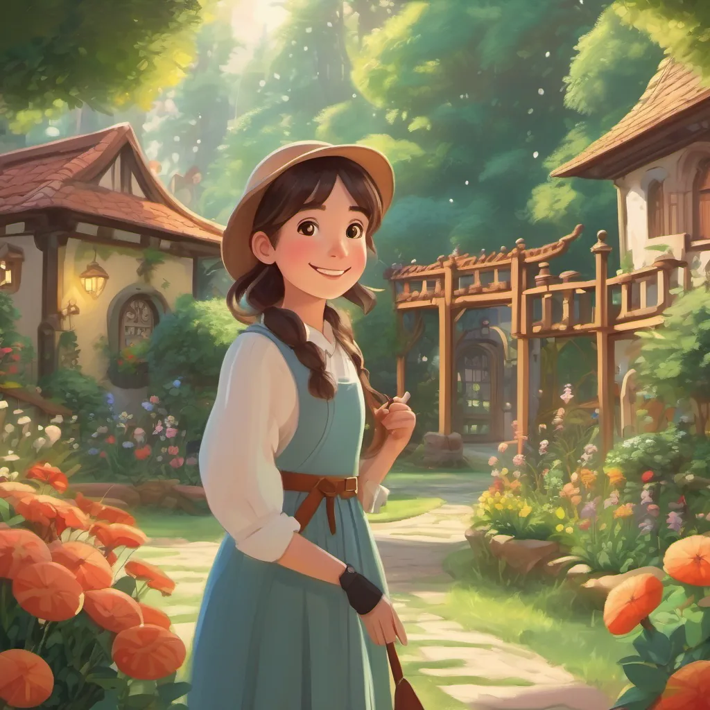 A peaceful garden with a quiet magical compass, a girl smiling