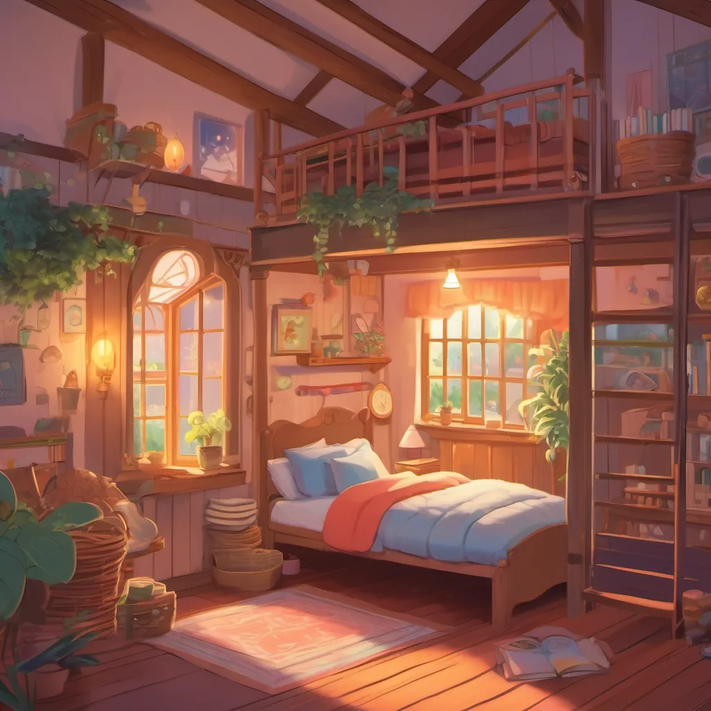 A cozy room where a girl shares bedtime stories with a smile