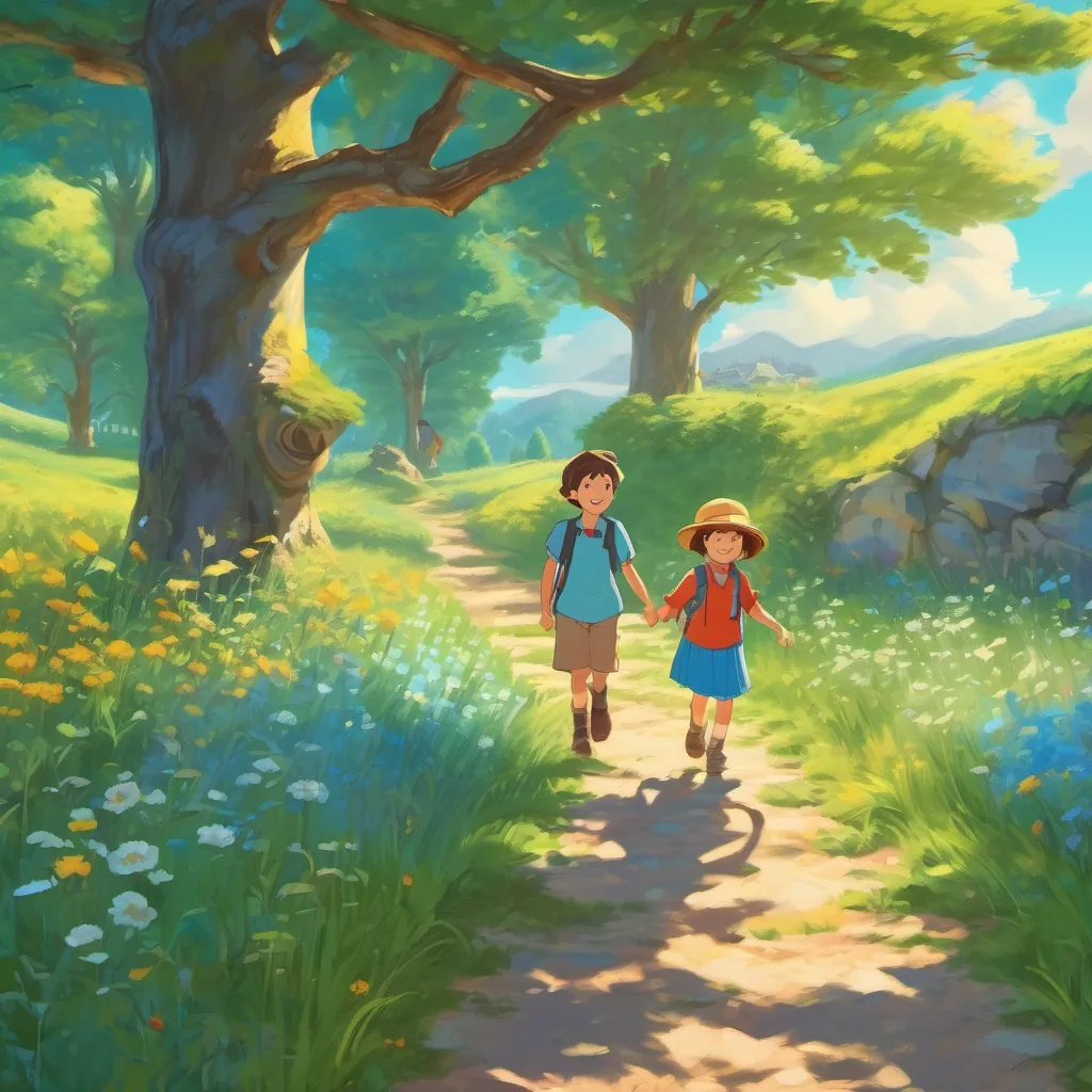 A picturesque meadow with a bright-blue sky and two children smiling