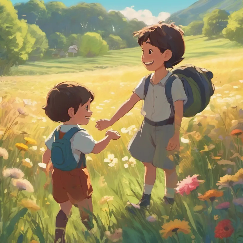 Two children exchanging smiles and handshake in a meadow