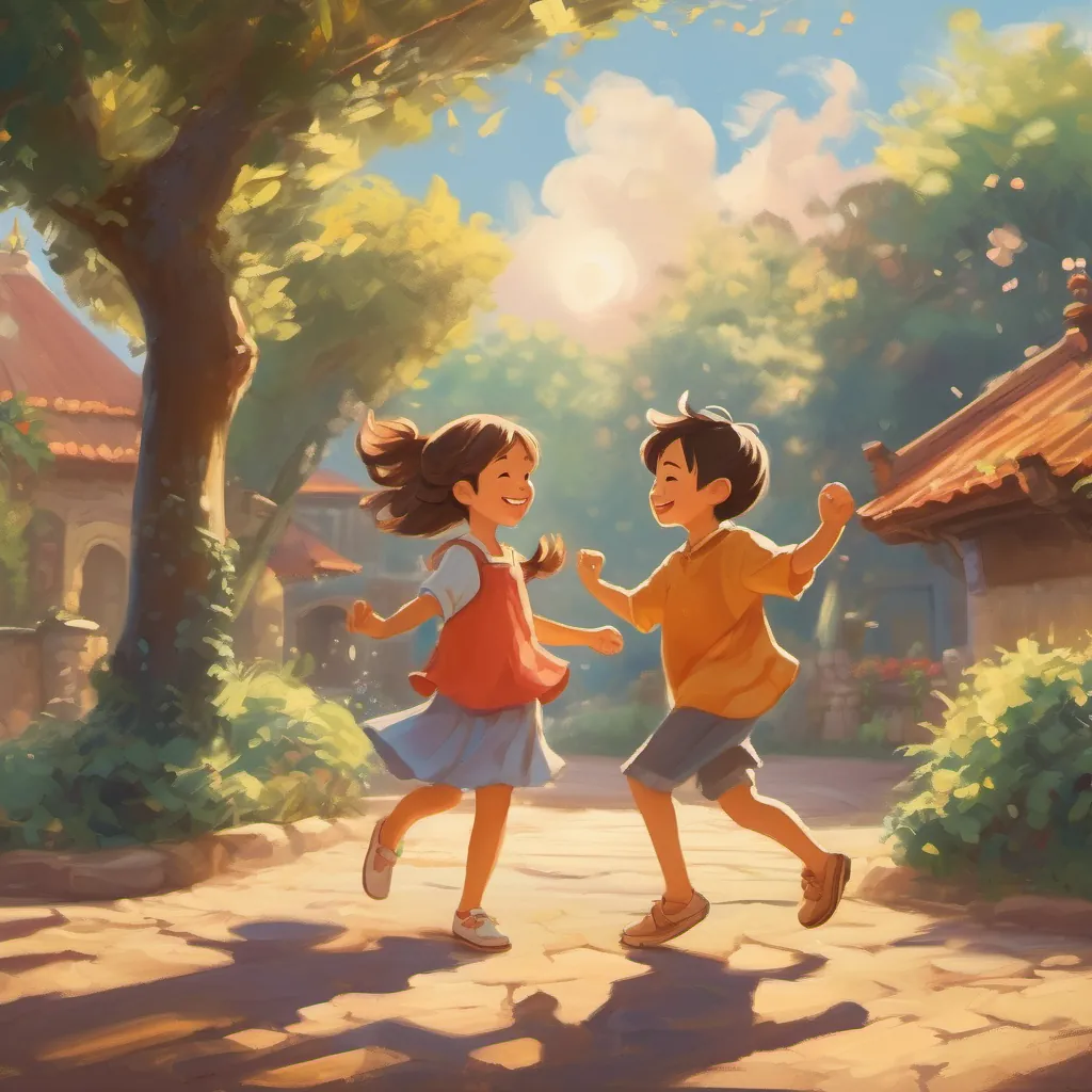 Two happy children dancing and playing under a warm sun