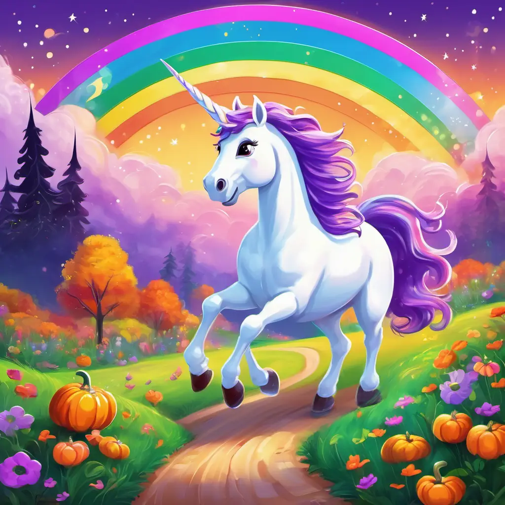 A rainbow with vibrant colors and a cheerful smile and A kind-hearted unicorn with a shiny white coat and sparkling purple eyes trot through the meadow, spreading colors and happiness. They are on their way to find the pot of gold.