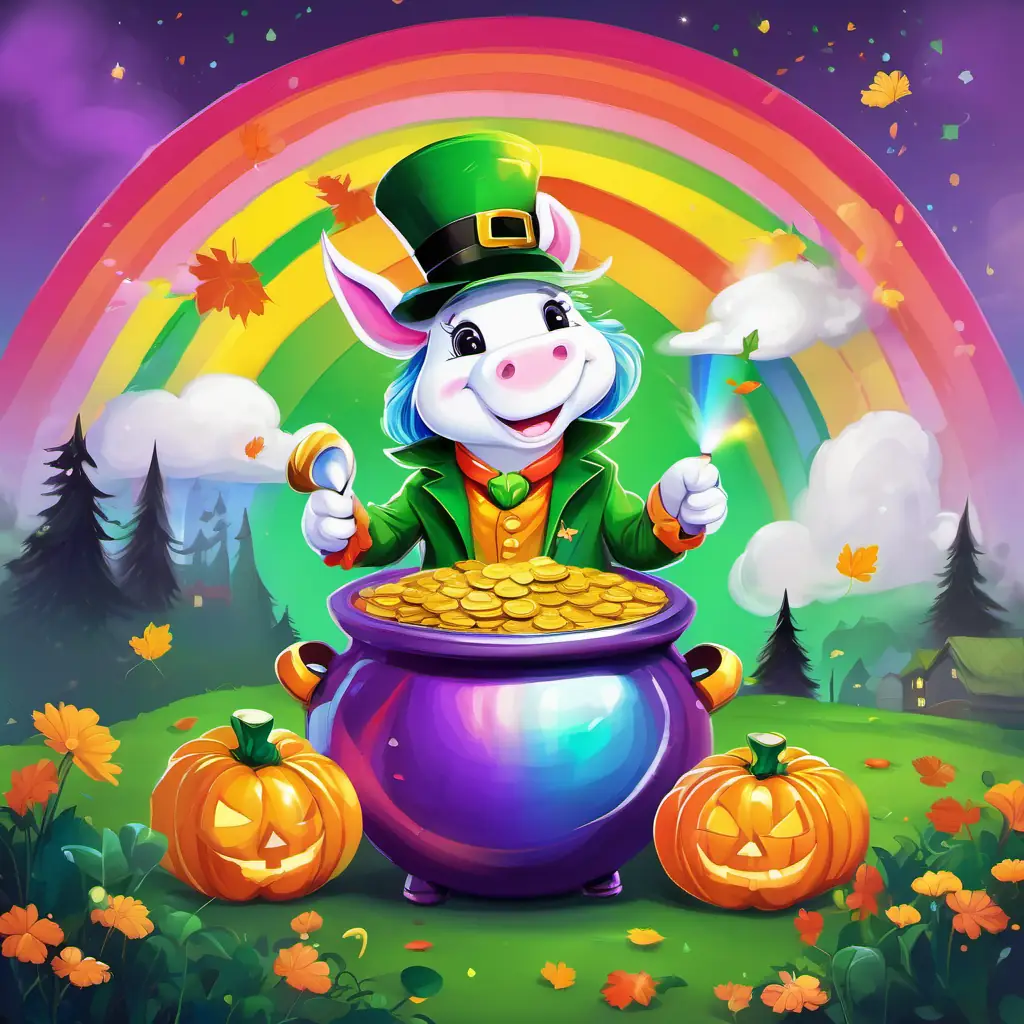 A rainbow with vibrant colors and a cheerful smile and A kind-hearted unicorn with a shiny white coat and sparkling purple eyes reach the end of the rainbow and find a pot of gold guarded by A friendly leprechaun with a green hat and a mischievous grin the leprechaun.