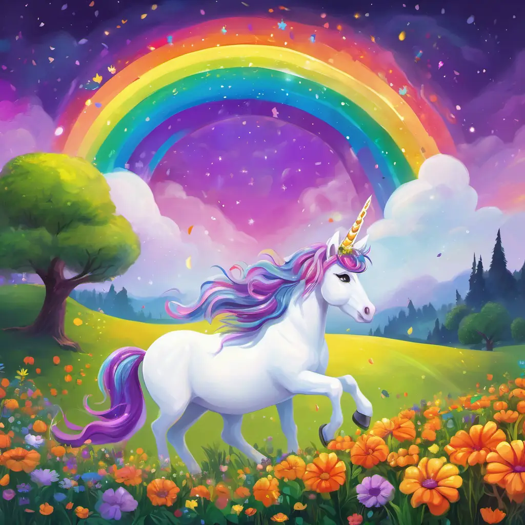 A rainbow with vibrant colors and a cheerful smile and A kind-hearted unicorn with a shiny white coat and sparkling purple eyes's wish for friendship and happiness comes true, filling the meadow, forest, and rainbow with love and joy.