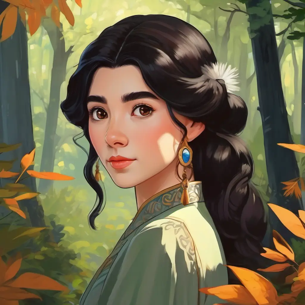 Fair skin, black hair, brown eyes standing by the queen, the forest in the background