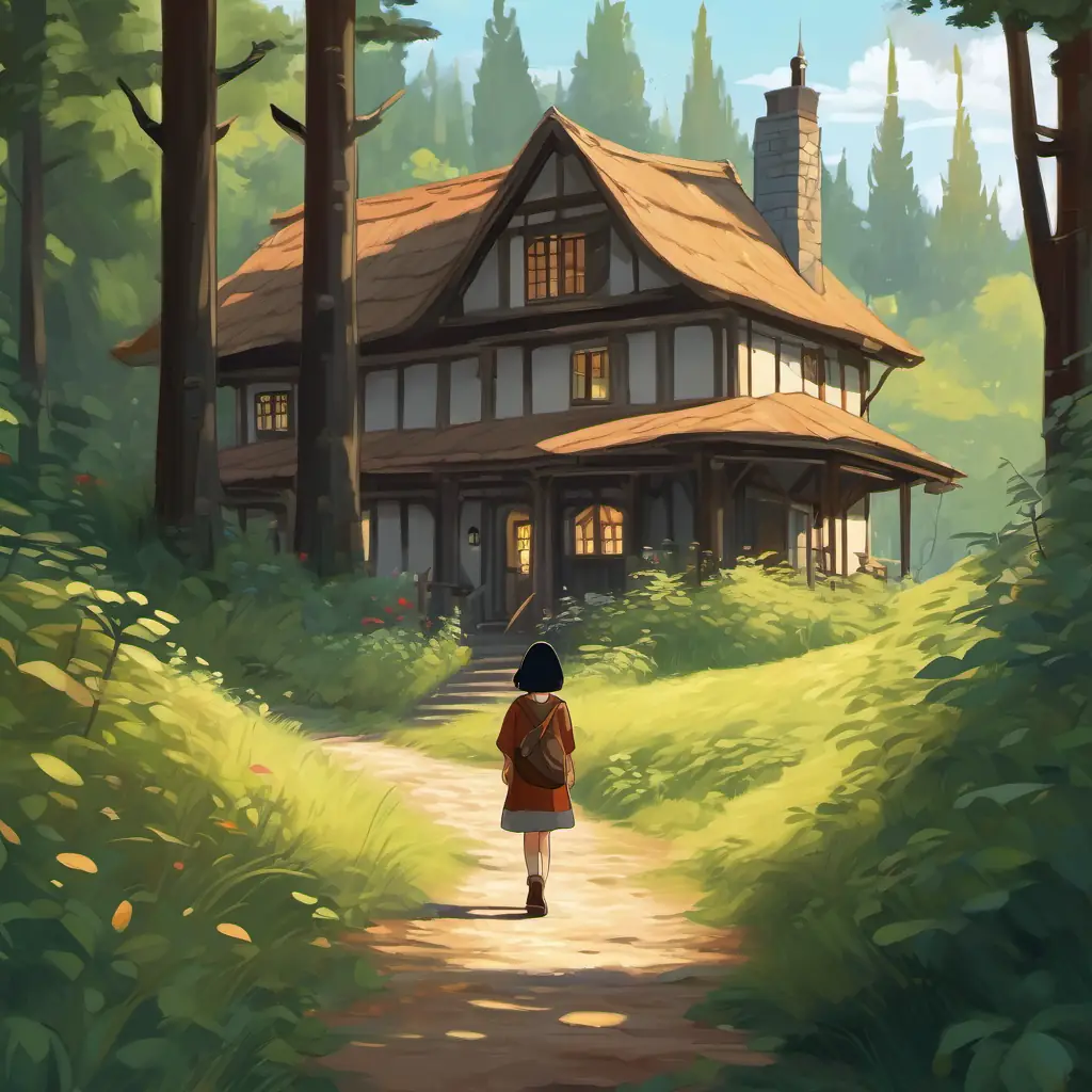 Fair skin, black hair, brown eyes walking alone in the forest, cottage in a clearing