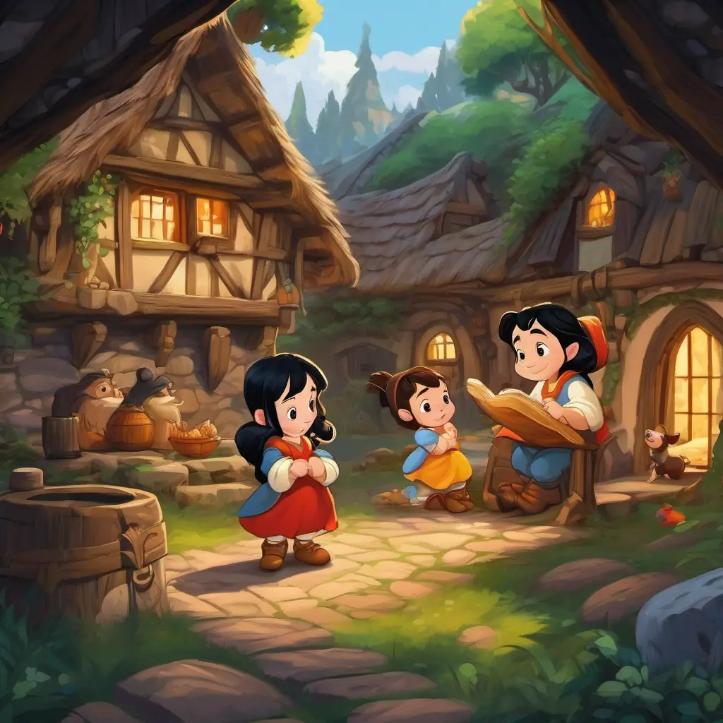 Fair skin, black hair, brown eyes with the seven dwarfs in their cozy cottage