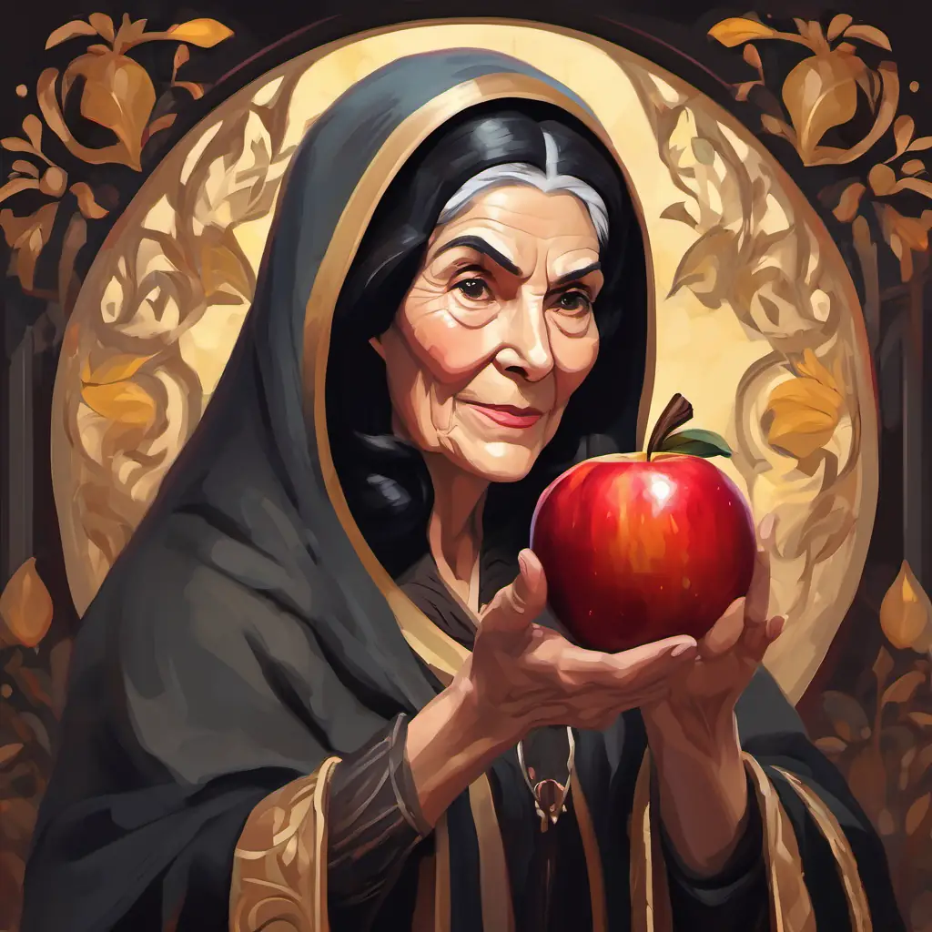 The evil queen disguised as an old woman offering an apple to Fair skin, black hair, brown eyes