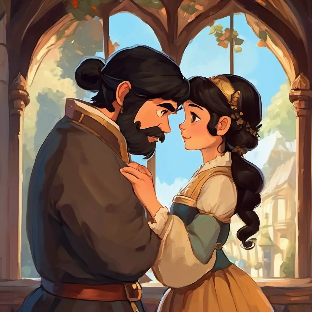 The dwarfs standing over Fair skin, black hair, brown eyes, the prince kissing her hand