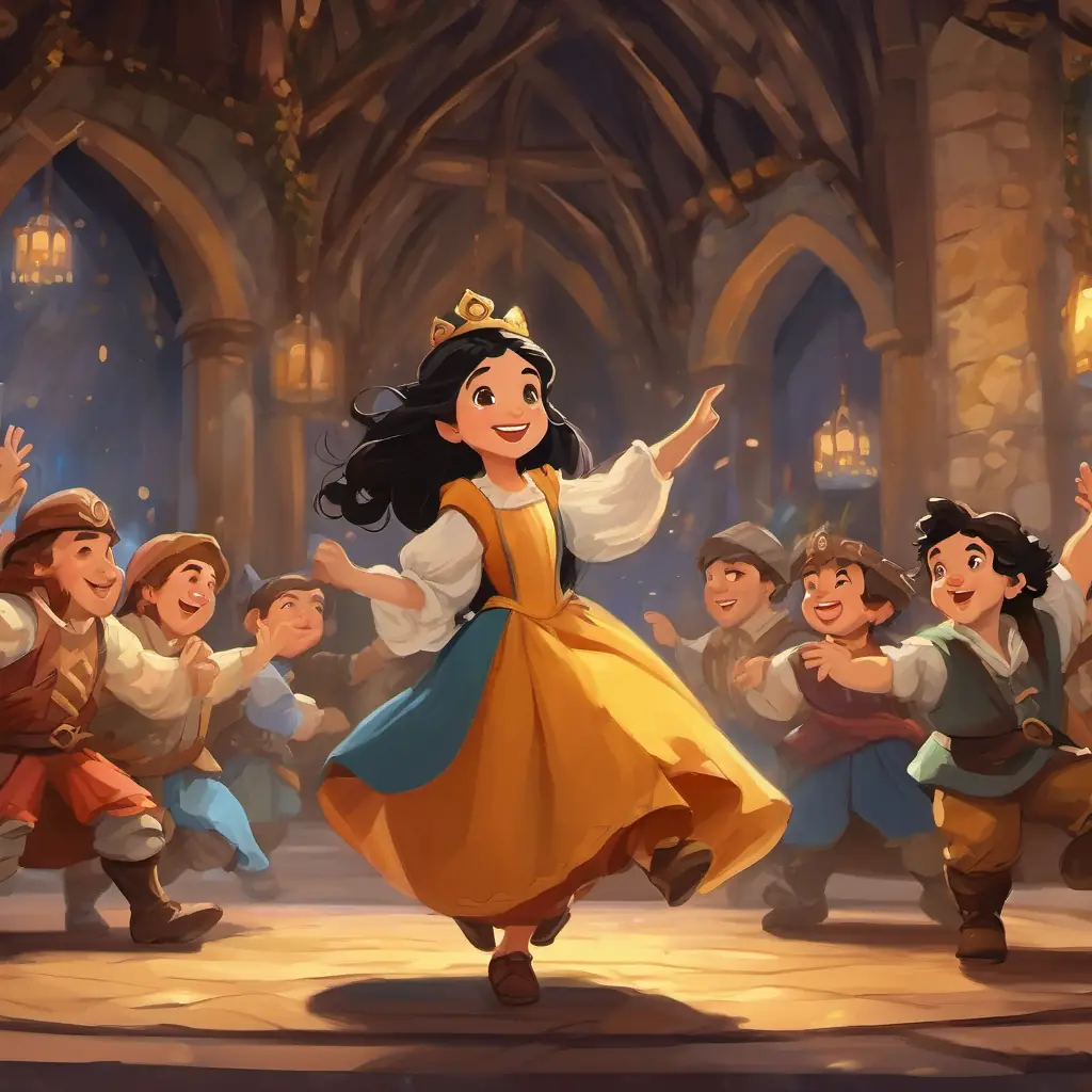 Fair skin, black hair, brown eyes and the prince dancing, the dwarfs celebrating in the background