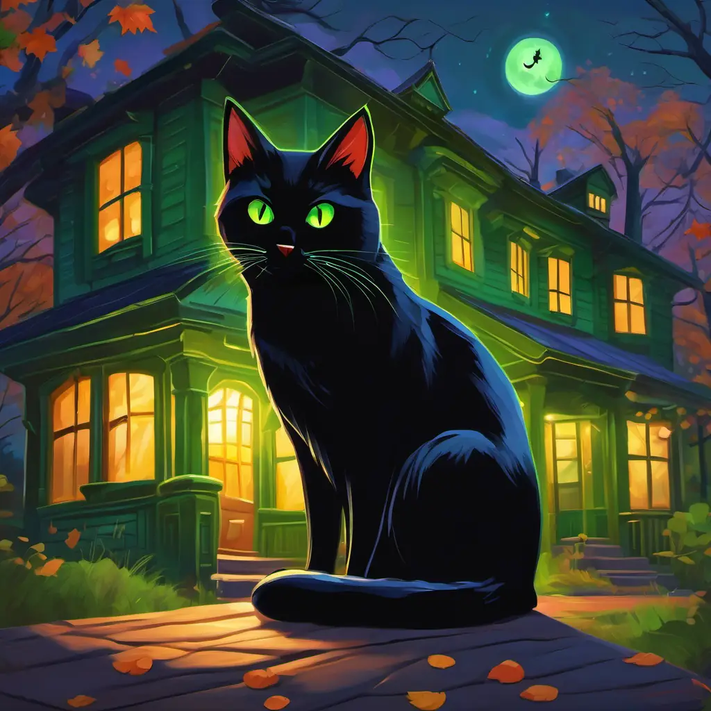 Black cat with bright green eyes, sleek fur, a black cat with green eyes, sitting in a cozy house on Maple Street